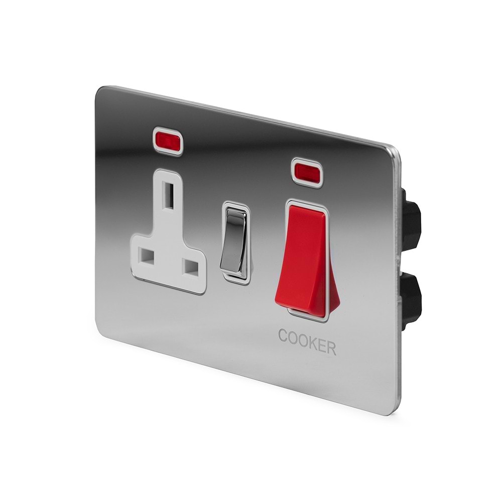 The Finsbury Collection Polished Chrome Flat Plate 45A Cooker Control Unit With Neon Wht Ins Screwless