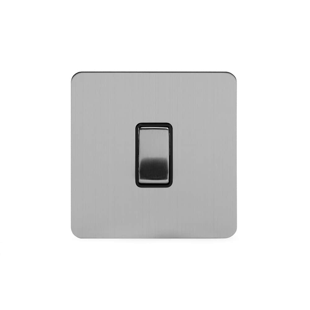 The Lombard Collection Brushed Chrome Flat Plate 10A 1 Gang 2 Way Switch Blk Ins Screwless