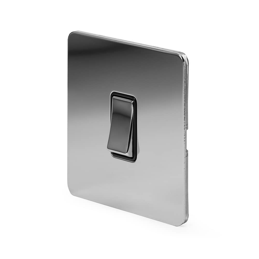 The Finsbury Collection Polished Chrome Flat Plate 10A 1 Gang 2 Way Switch Blk Ins Screwless