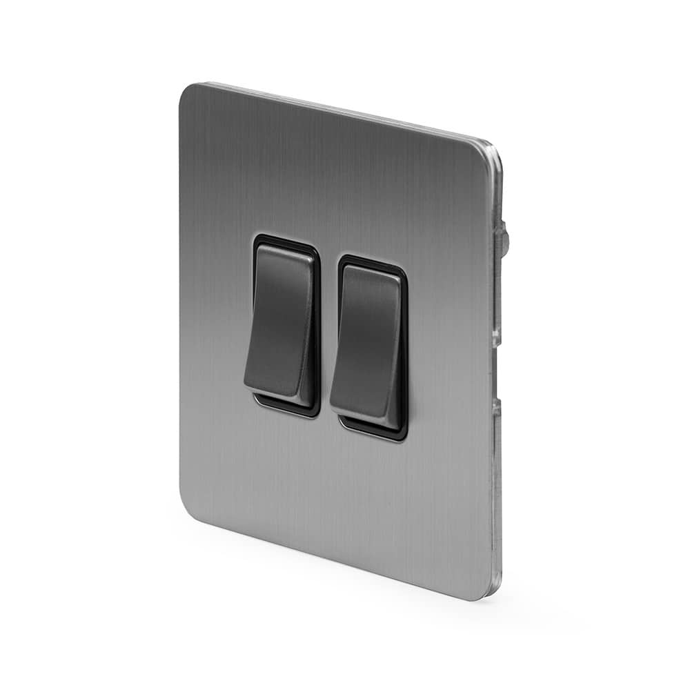The Lombard Collection Brushed Chrome Flat Plate 10A 2 Gang 2 Way Switch Blk Ins Screwless