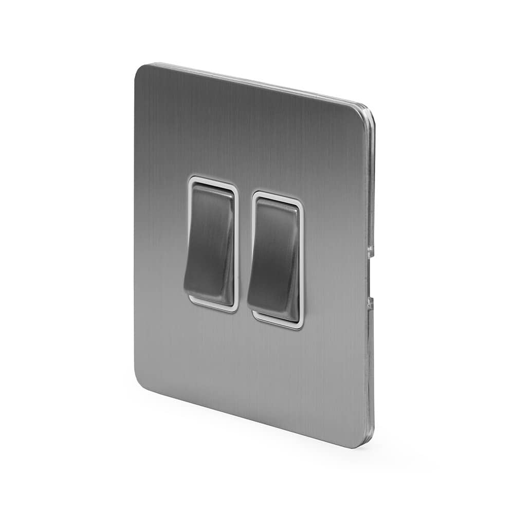 The Lombard Collection Brushed Chrome Flat Plate 10A 2 Gang 2 Way Switch Wht Ins Screwless