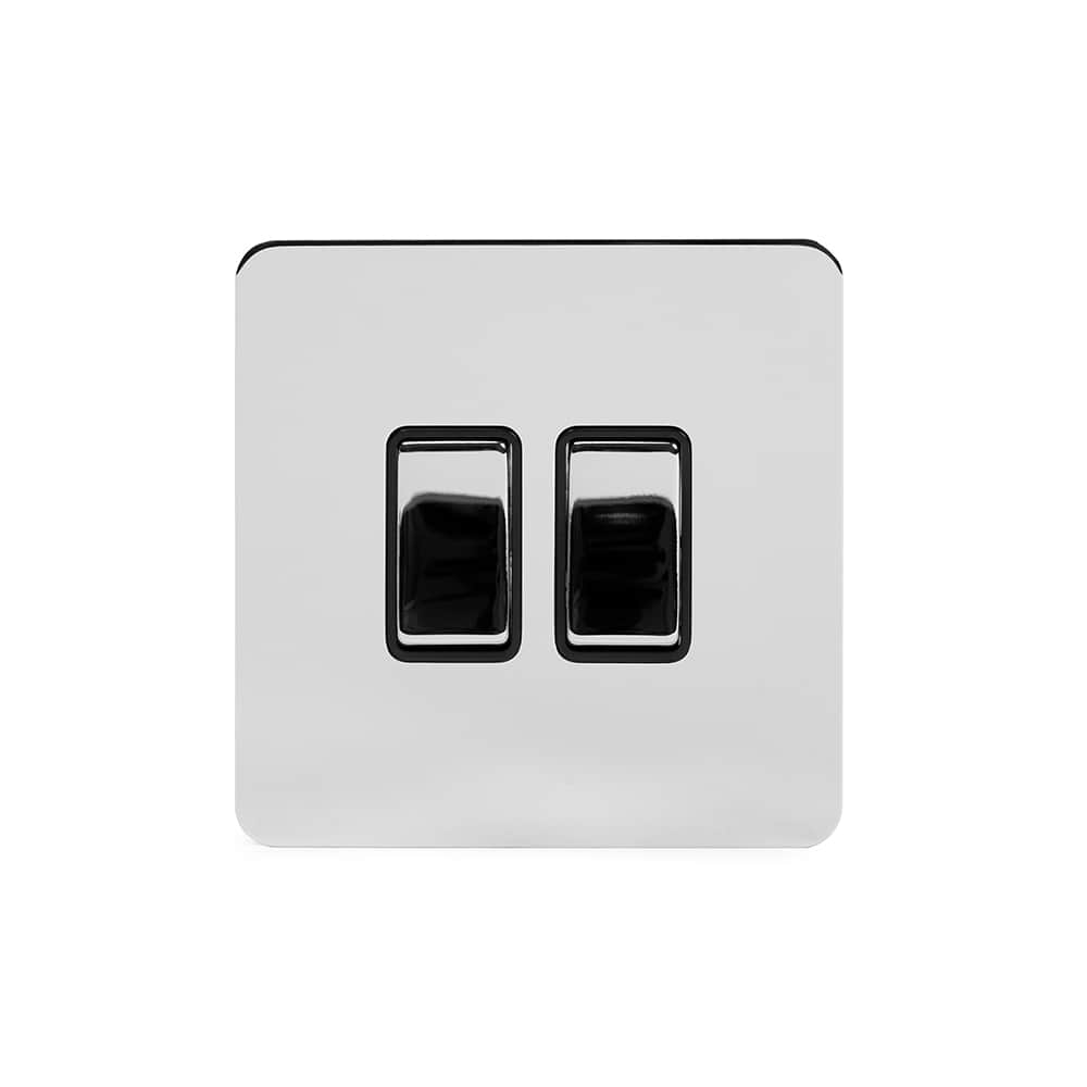 The Finsbury Collection Polished Chrome Flat Plate 10A 2 Gang 2 Way Switch Blk Ins Screwless