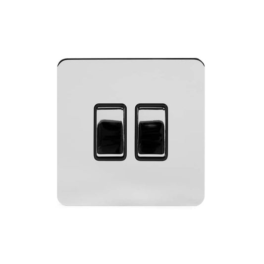 The Finsbury Collection Polished Chrome Flat Plate 10A 2 Gang 2 Way Switch Blk Ins Screwless