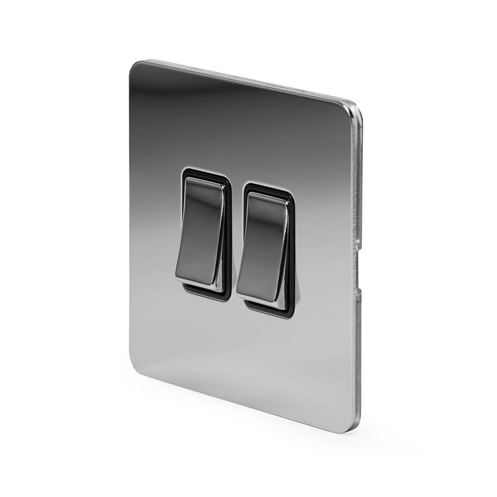 The Finsbury Collection Polished Chrome Flat Plate 10A 2 Gang 2 Way Switch Blk Ins Screwless