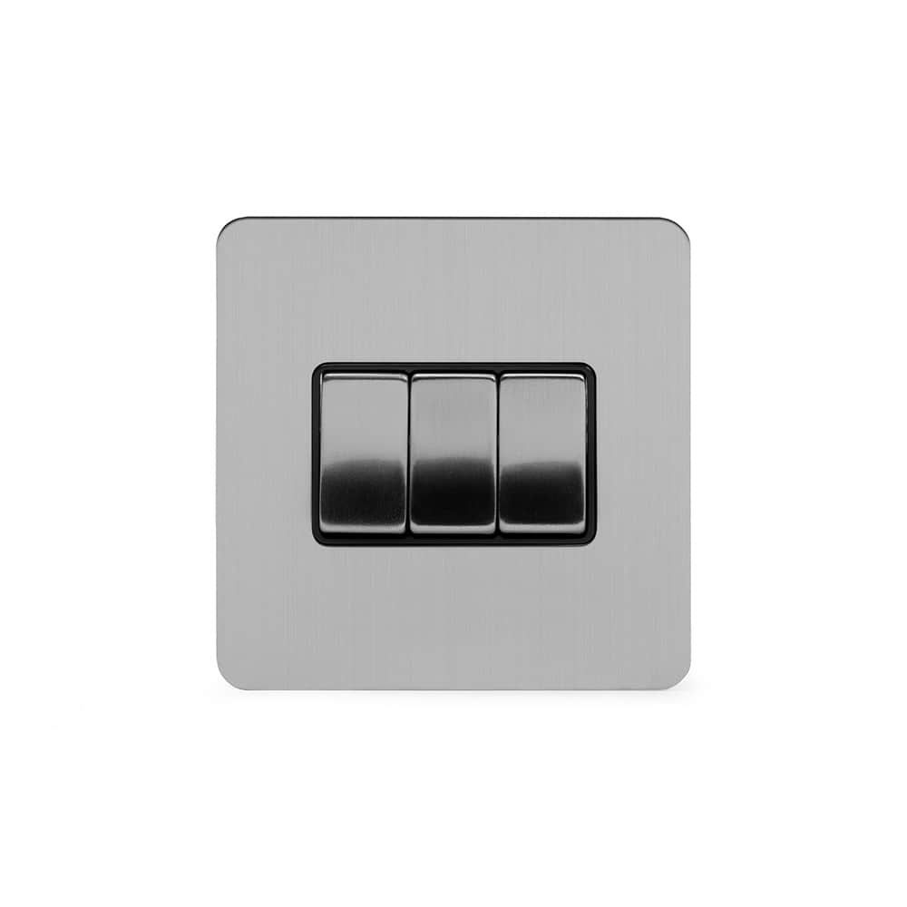 The Lombard Collection Brushed Chrome Flat Plate 10A 3 Gang 2 Way Switch Blk Ins Screwless