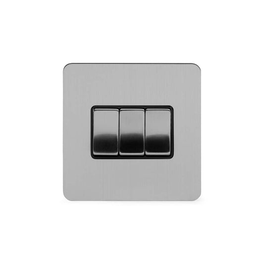 The Lombard Collection Brushed Chrome Flat Plate 10A 3 Gang 2 Way Switch Blk Ins Screwless