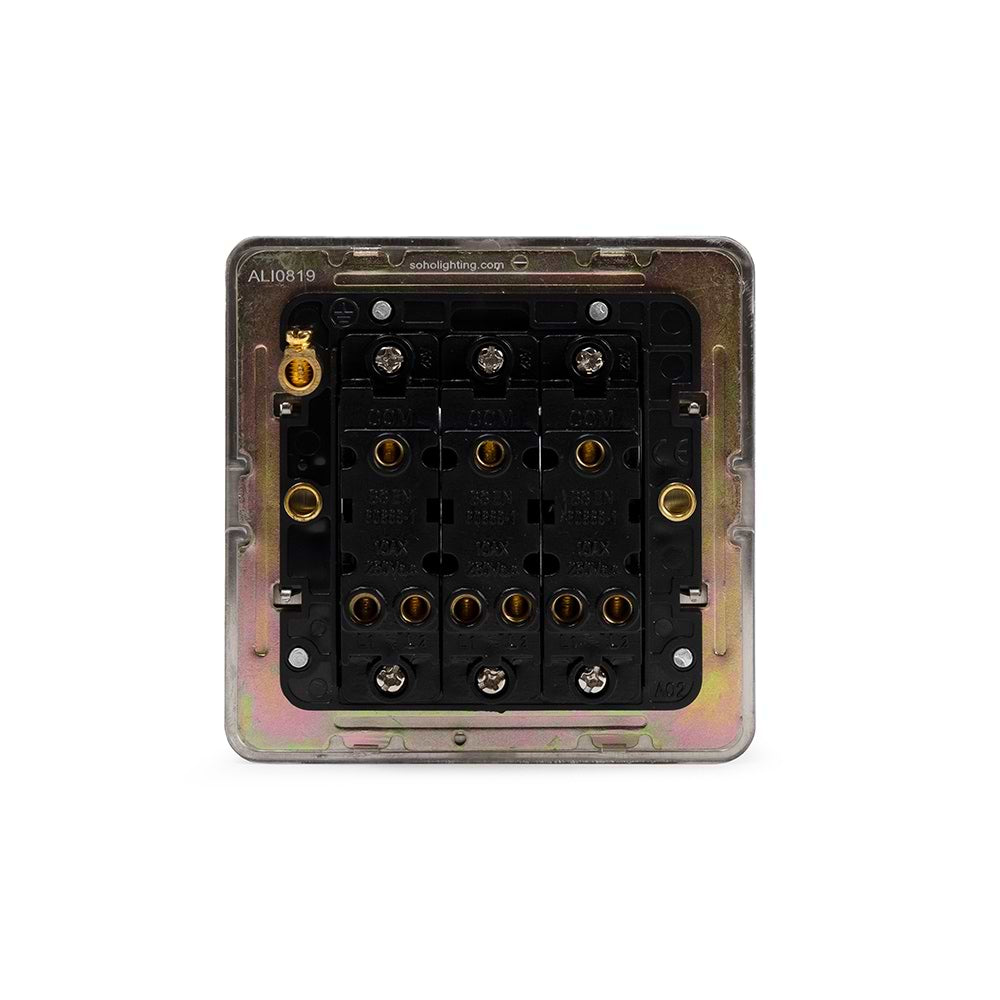 The Lombard Collection Brushed Chrome Flat Plate 10A 3 Gang 2 Way Switch Blk Ins Screwless