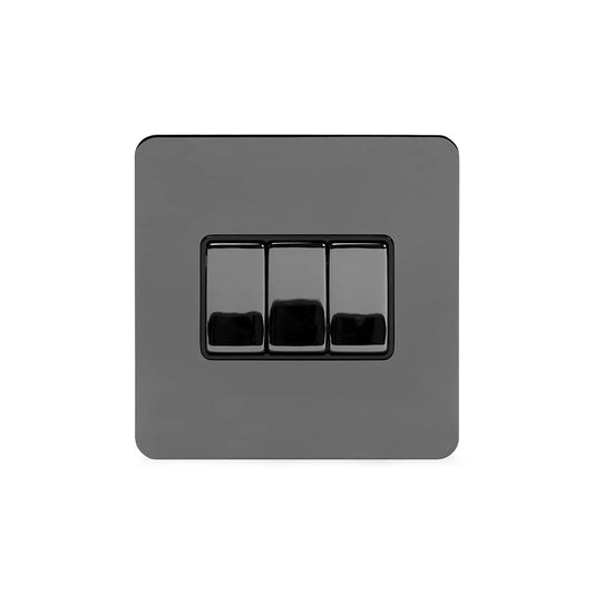 The Connaught Collection Black Nickel Flat Plate 10A 3 Gang 2 Way Switch Blk Ins Screwless