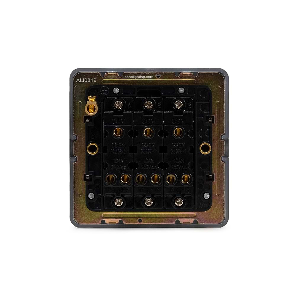 The Connaught Collection Black Nickel Flat Plate 10A 3 Gang 2 Way Switch Blk Ins Screwless