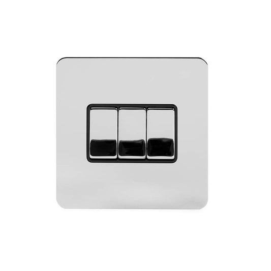 The Finsbury Collection Polished Chrome Flat Plate 10A 3 Gang Intermediate Switch Blk Ins Screwless