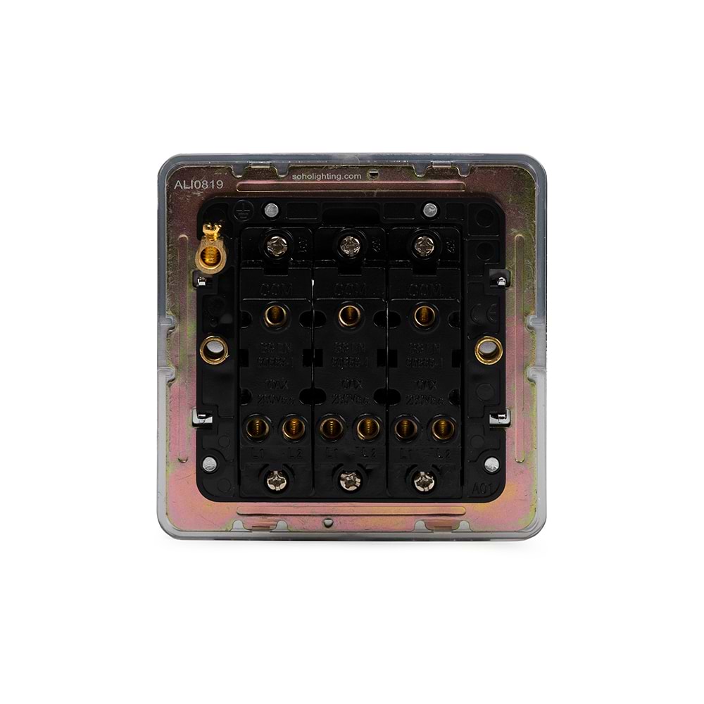 The Finsbury Collection Polished Chrome Flat Plate 10A 3 Gang 2 Way Switch Blk Ins Screwless