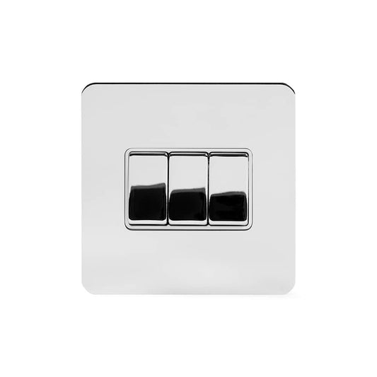 The Finsbury Collection Polished Chrome Flat Plate 10A 3 Gang Intermediate Switch Wht Ins Screwless