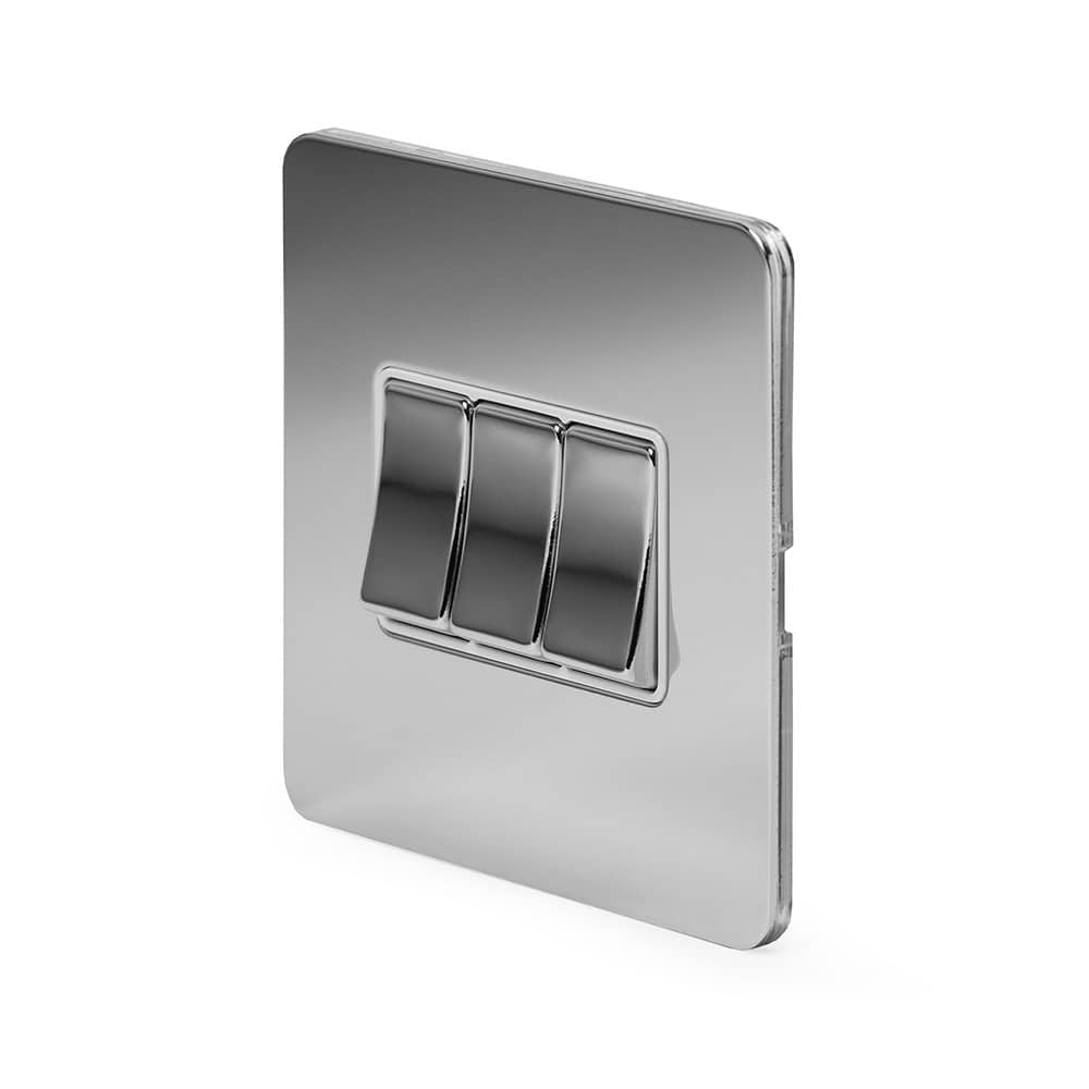 The Finsbury Collection Polished Chrome Flat Plate 10A 3 Gang 2 Way Switch Wht Ins Screwless