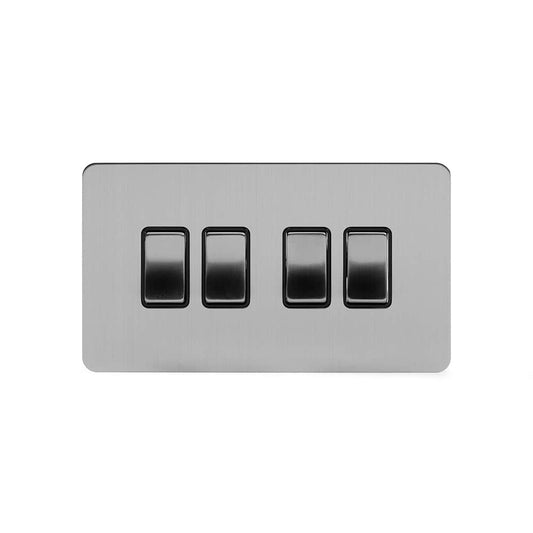 The Lombard Collection Brushed Chrome Flat Plate 10A 4 Gang 2 Way Switch Blk Ins Screwless