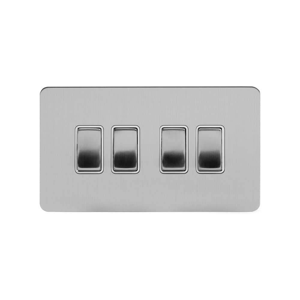 The Lombard Collection Brushed Chrome Flat Plate 10A 4 Gang 2 Way Switch Wht Ins Screwless