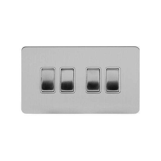 The Lombard Collection Brushed Chrome Flat Plate 10A 4 Gang 2 Way Switch Wht Ins Screwless