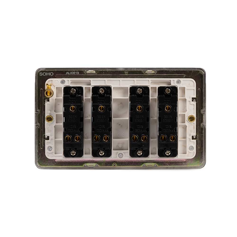 The Lombard Collection Brushed Chrome Flat Plate 10A 4 Gang 2 Way Switch Wht Ins Screwless