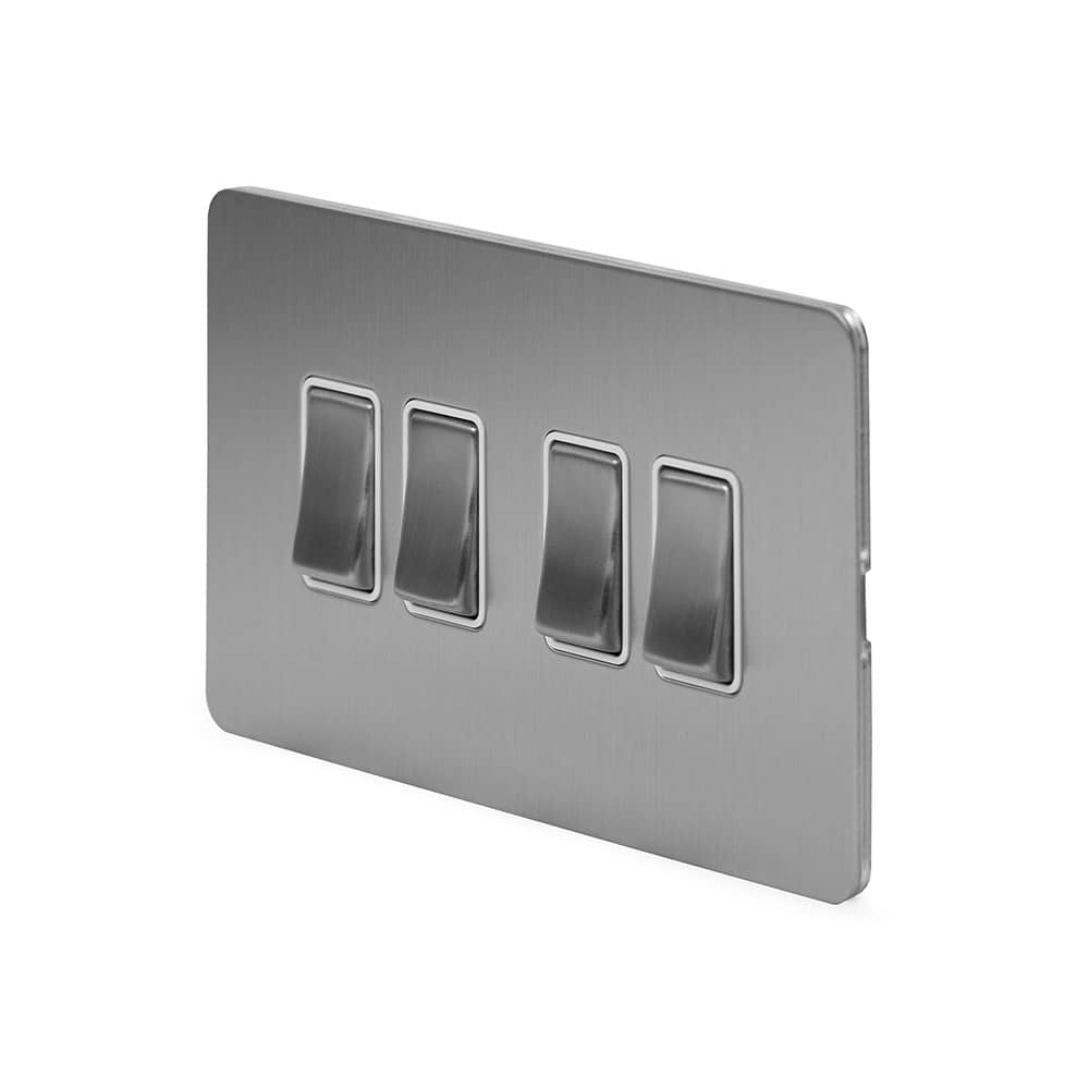 The Lombard Collection Brushed Chrome Flat Plate 10A 4 Gang 2 Way Switch Wht Ins Screwless