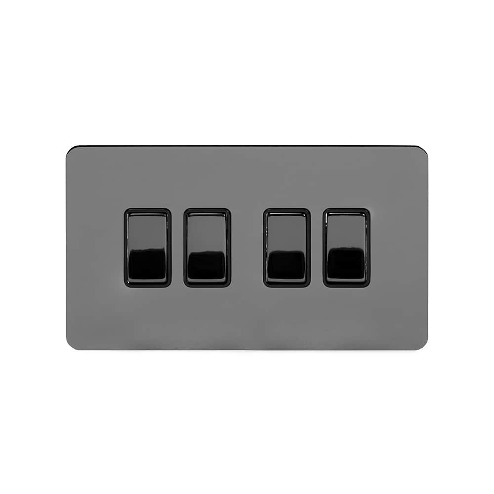 The Connaught Collection Black Nickel Flat Plate 10A 4 Gang 2 Way Switch Blk Ins Screwless