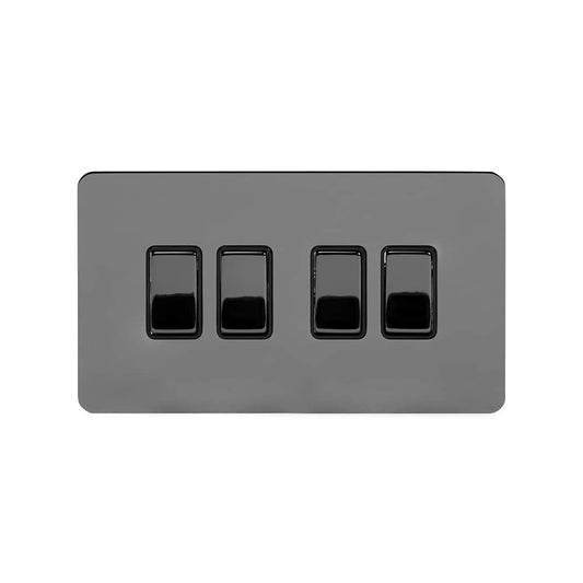 The Connaught Collection Black Nickel Flat Plate 10A 4 Gang 2 Way Switch Blk Ins Screwless