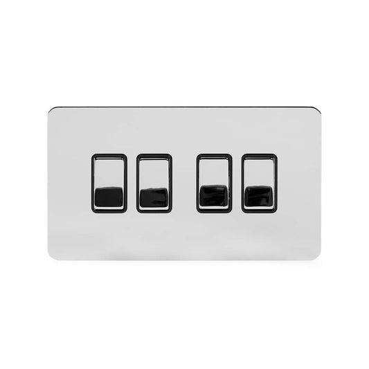 The Finsbury Collection Polished Chrome Flat Plate 10A 4 Gang 2 Way Switch Blk Ins Screwless
