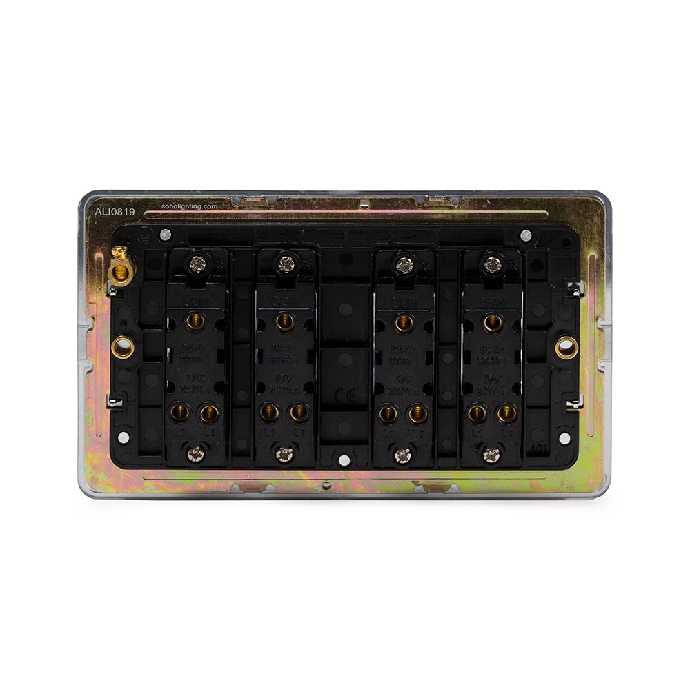 The Finsbury Collection Polished Chrome Flat Plate 10A 4 Gang 2 Way Switch Blk Ins Screwless