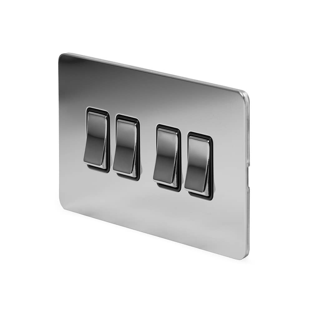 The Finsbury Collection Polished Chrome Flat Plate 10A 4 Gang 2 Way Switch Blk Ins Screwless