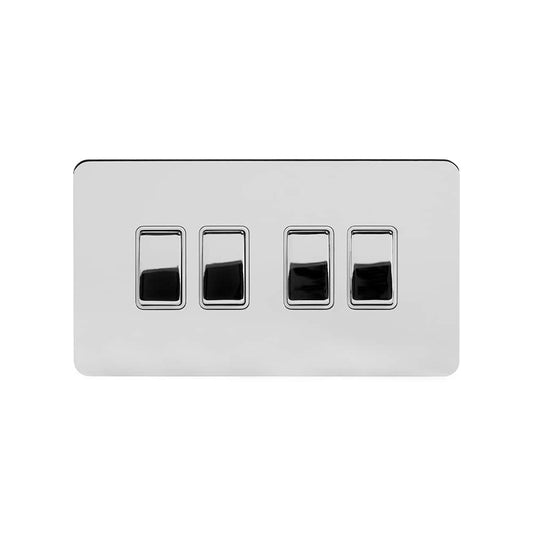 The Finsbury Collection Polished Chrome Flat Plate 10A 4 Gang 2 Way Switch Wht Ins Screwless