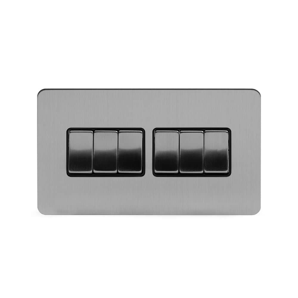 The Lombard Collection Brushed Chrome Flat Plate 10A 6 Gang 2 Way Switch Blk Ins Screwless