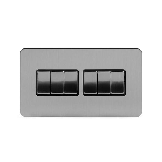 The Lombard Collection Brushed Chrome Flat Plate 10A 6 Gang 2 Way Switch Blk Ins Screwless