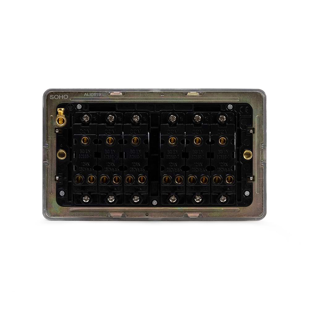 The Lombard Collection Brushed Chrome Flat Plate 10A 6 Gang 2 Way Switch Blk Ins Screwless