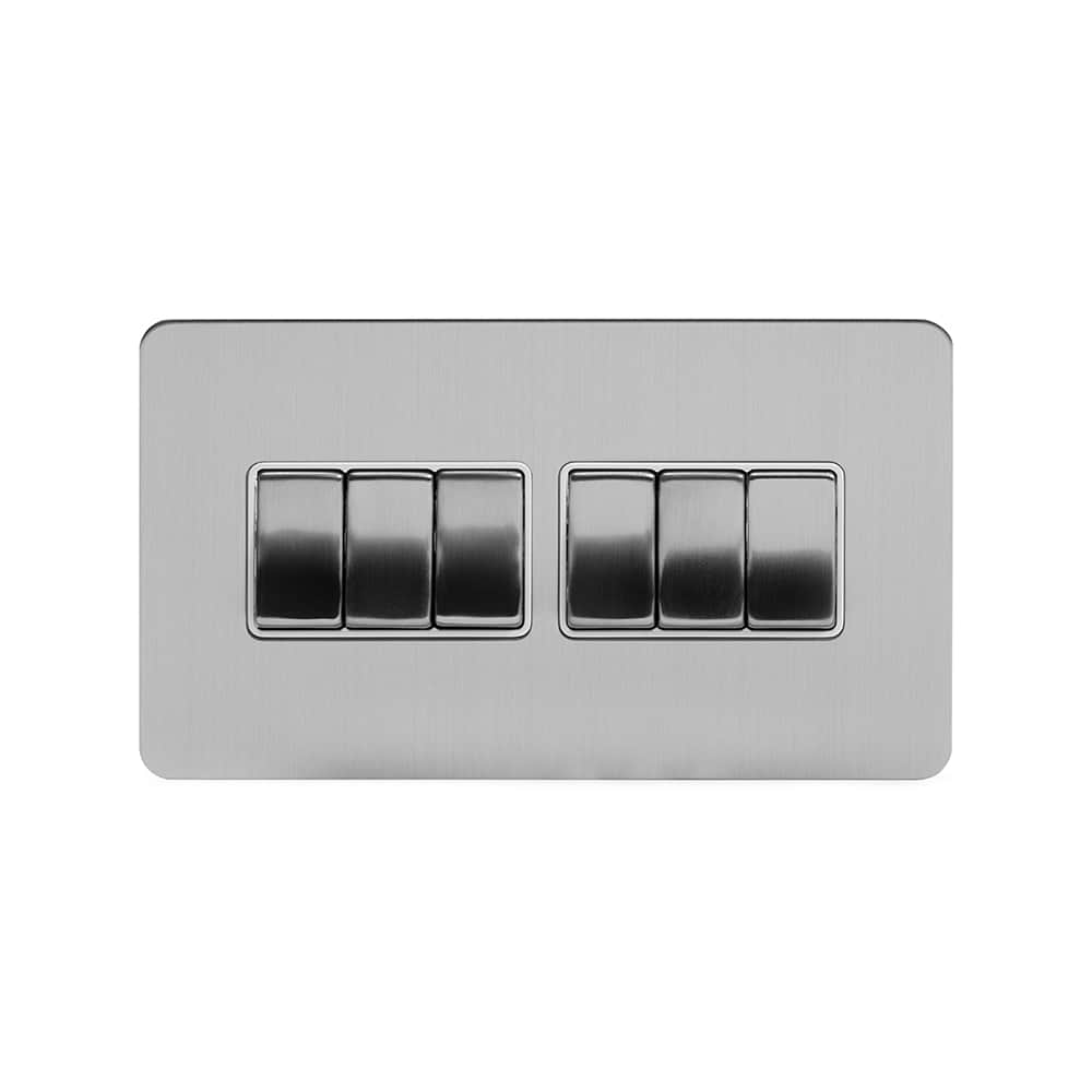 The Lombard Collection Brushed Chrome Flat Plate 10A 6 Gang 2 Way Switch Wht Ins Screwless