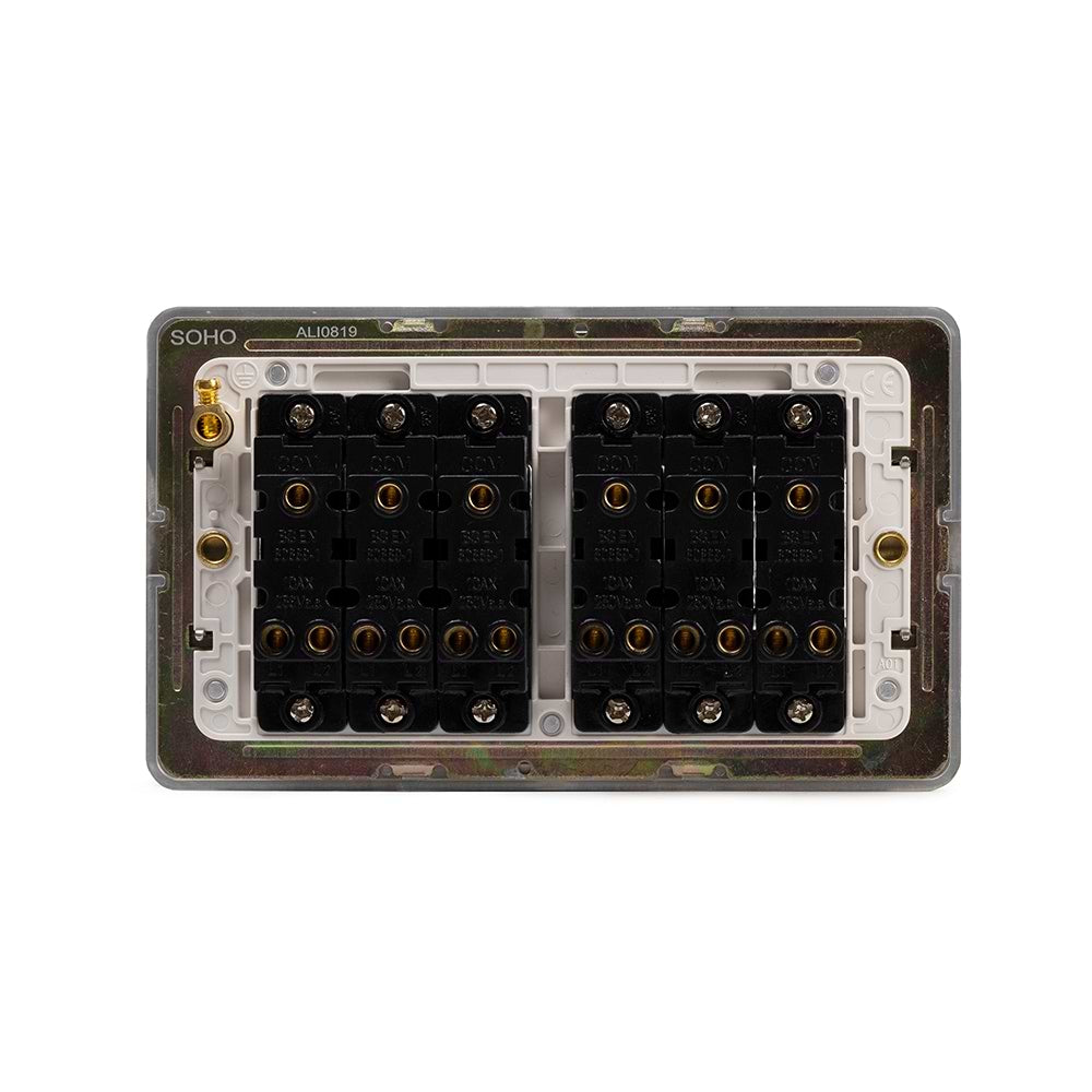 The Lombard Collection Brushed Chrome Flat Plate 10A 6 Gang 2 Way Switch Wht Ins Screwless