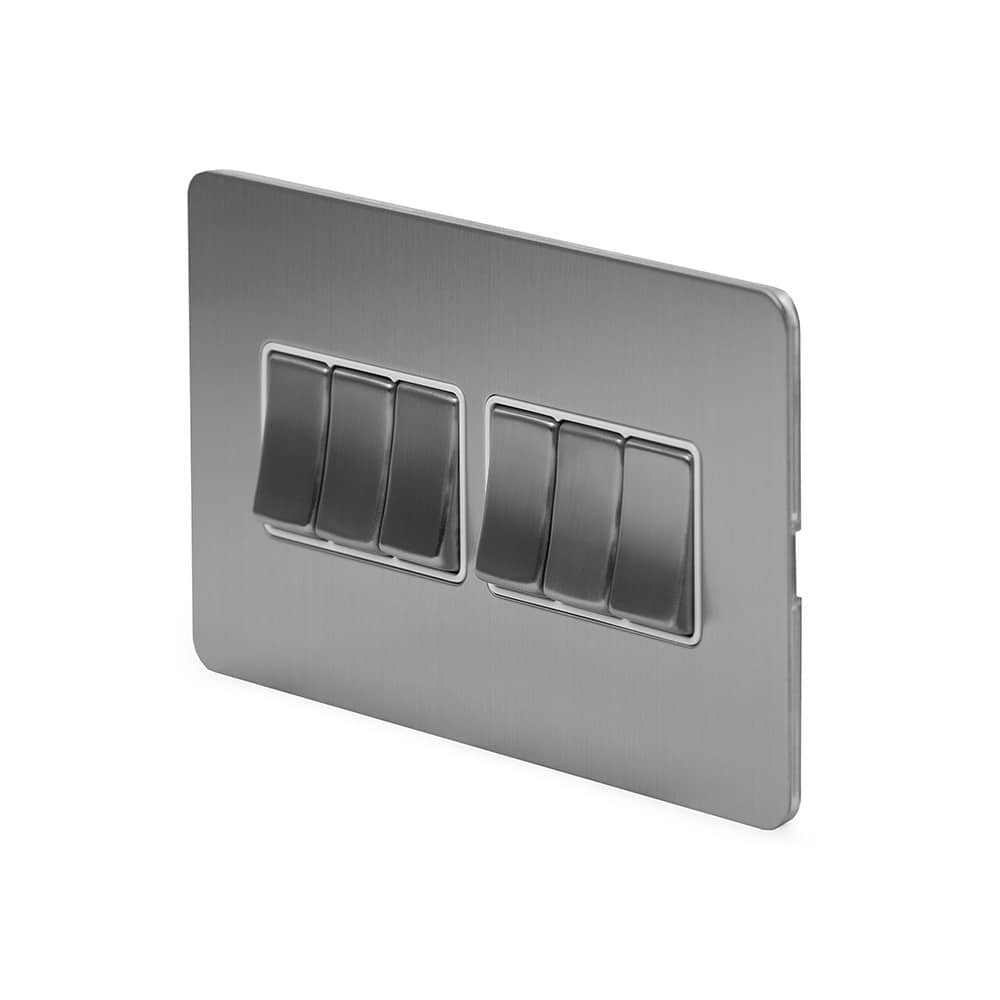 The Lombard Collection Brushed Chrome Flat Plate 10A 6 Gang 2 Way Switch Wht Ins Screwless