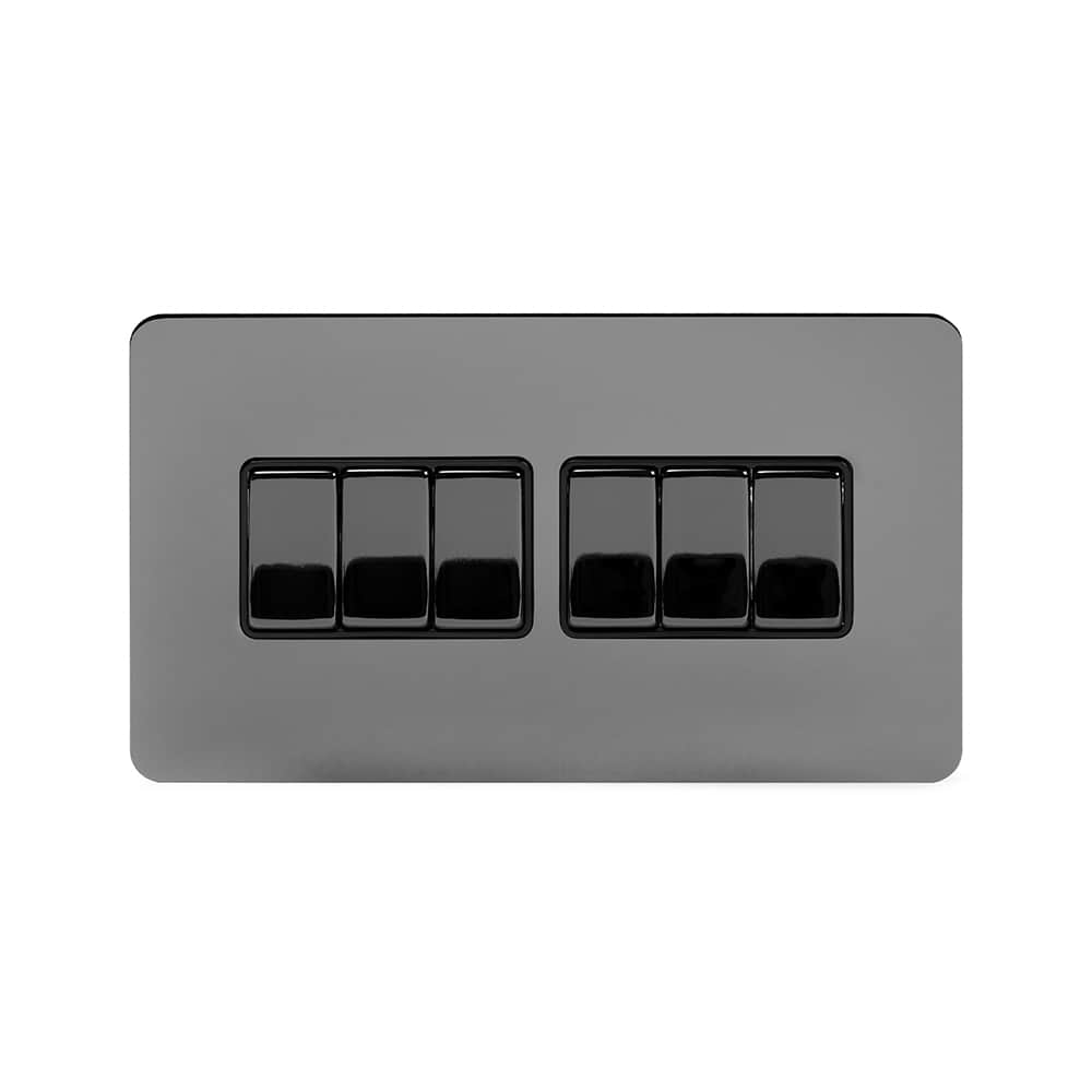 The Connaught Collection Black Nickel Flat Plate 10A 6 Gang 2 Way Switch Blk Ins Screwless