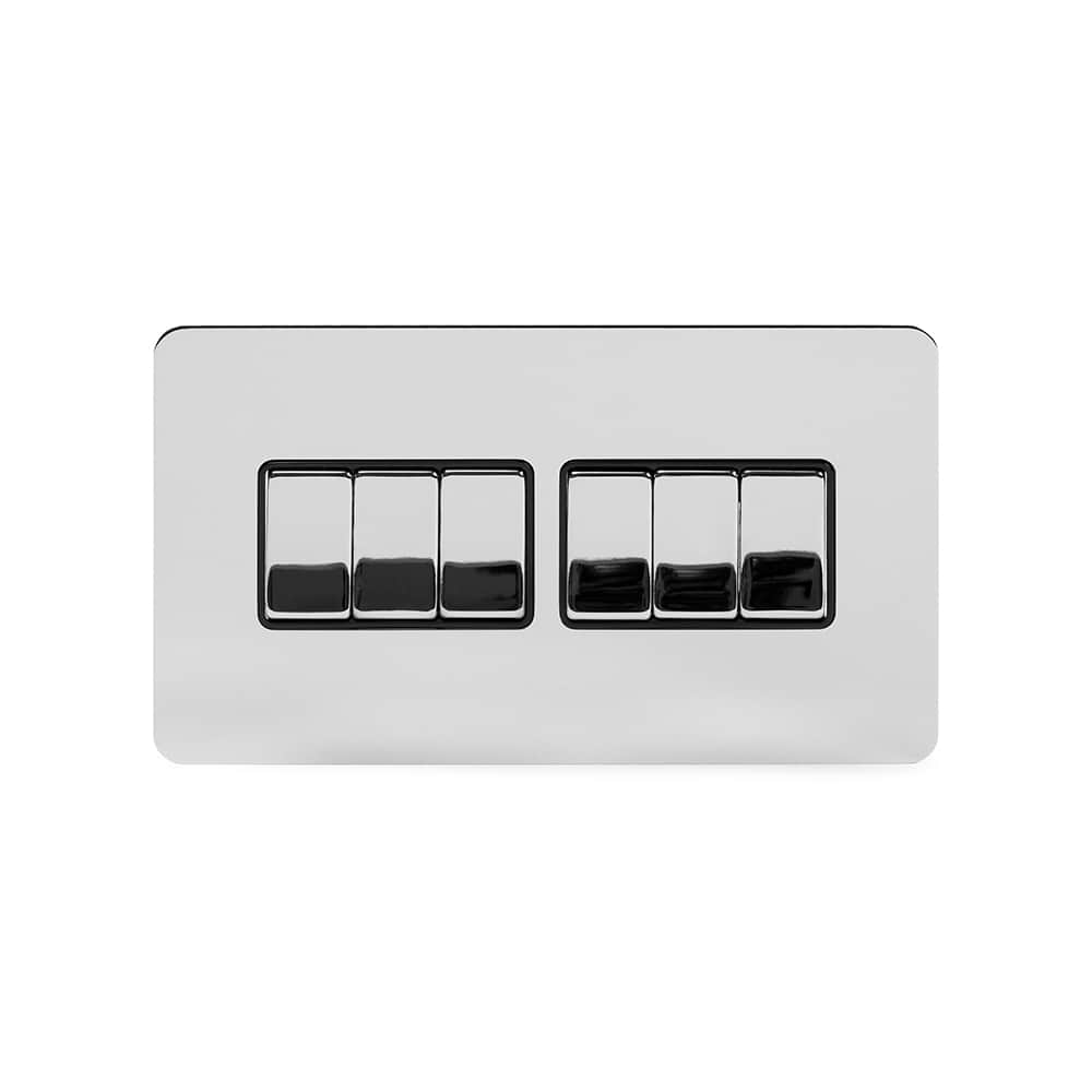 The Finsbury Collection Polished Chrome Flat Plate 10A 6 Gang 2 Way Switch Blk Ins Screwless