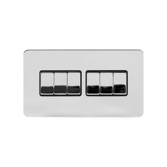 The Finsbury Collection Polished Chrome Flat Plate 10A 6 Gang 2 Way Switch Blk Ins Screwless