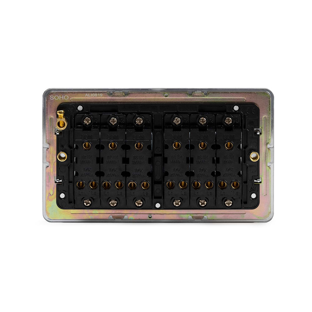 The Finsbury Collection Polished Chrome Flat Plate 10A 6 Gang 2 Way Switch Blk Ins Screwless