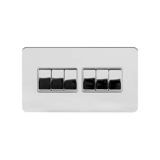 The Finsbury Collection Polished Chrome Flat Plate 10A 6 Gang 2 Way Switch Wht Ins Screwless