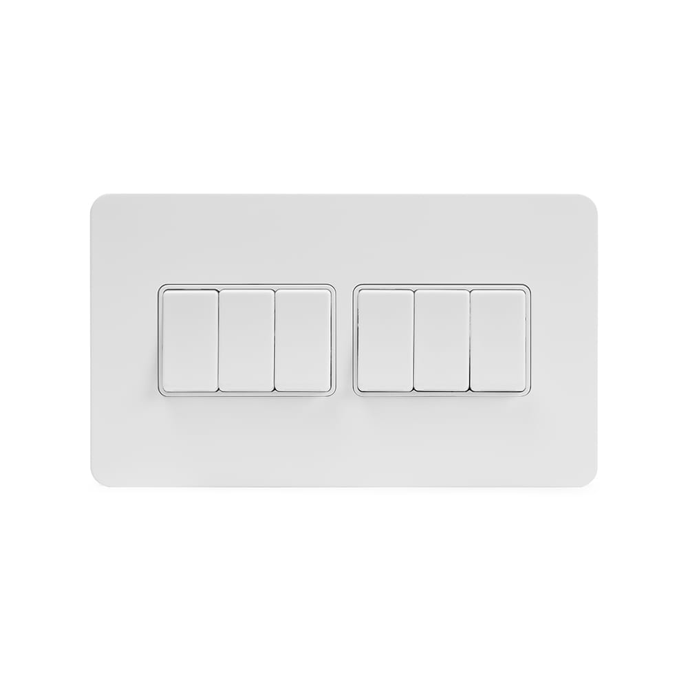 The Eldon Collection White Metal Flat Plate 10A 6 Gang 2 Way Switch Wht Ins Screwless