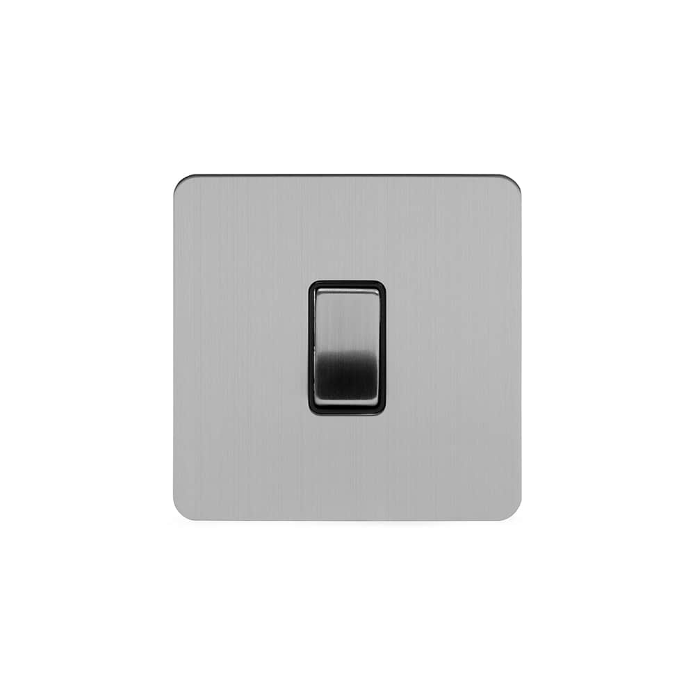 The Lombard Collection Brushed Chrome Flat Plate 1 Gang Intermediate Switch Blk Ins Screwless