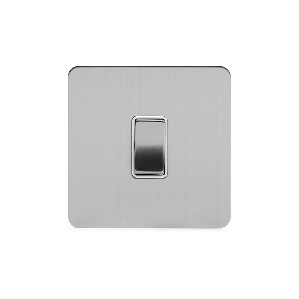 The Lombard Collection Brushed Chrome Flat Plate 1 Gang Intermediate Switch Wht Ins Screwless