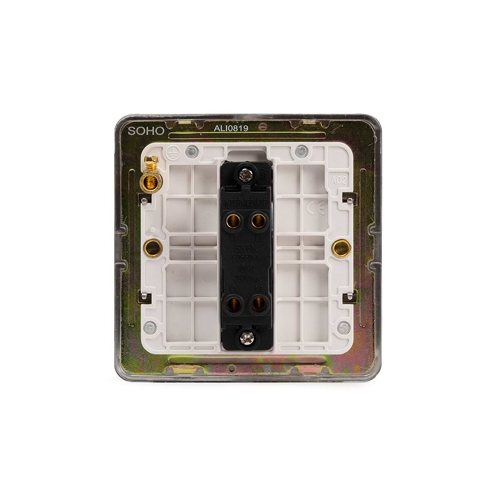 The Lombard Collection Brushed Chrome Flat Plate 1 Gang Intermediate Switch Wht Ins Screwless