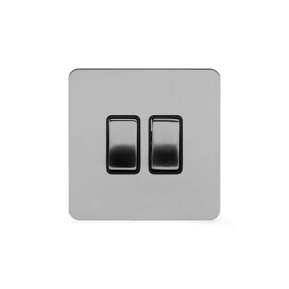 The Lombard Collection Brushed Chrome Flat Plate 2 Gang Intermediate Switch Blk Ins Screwless