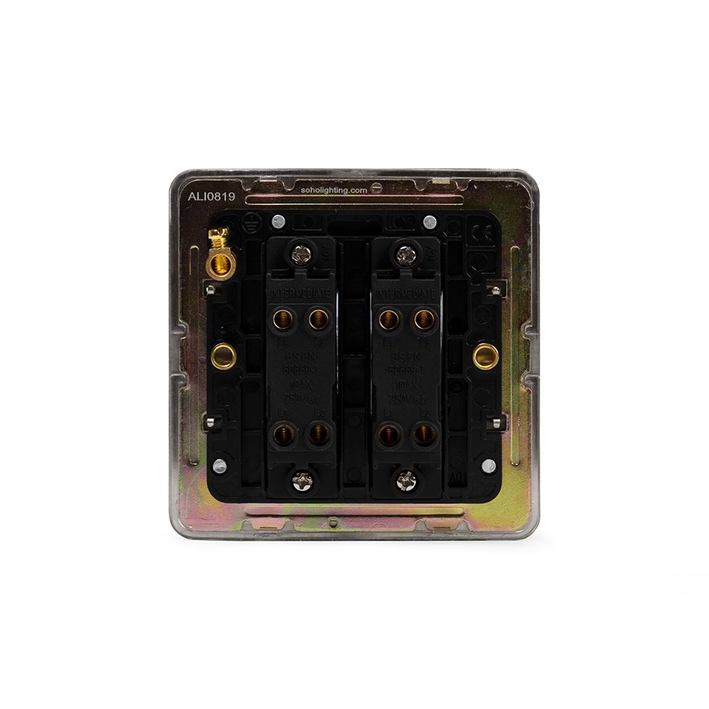 The Lombard Collection Brushed Chrome Flat Plate 2 Gang Intermediate Switch Blk Ins Screwless