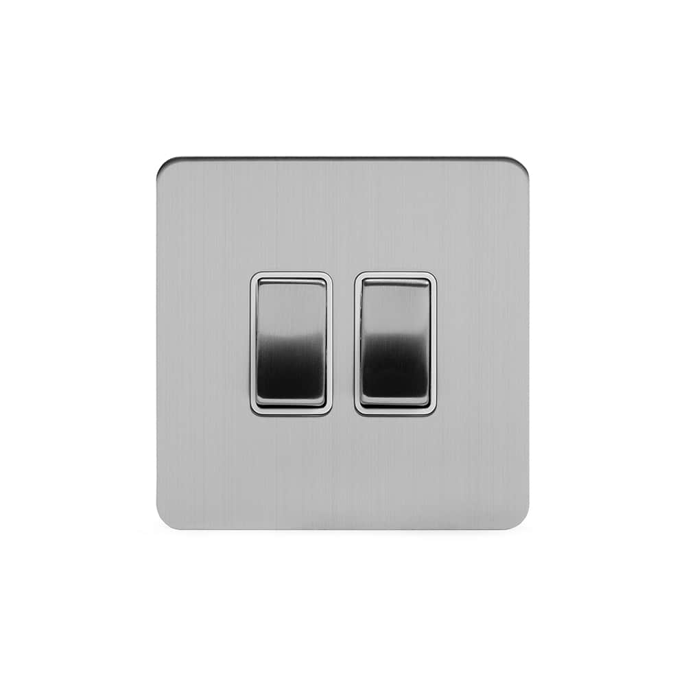 The Lombard Collection Brushed Chrome Flat Plate 2 Gang Intermediate Switch Wht Ins Screwless