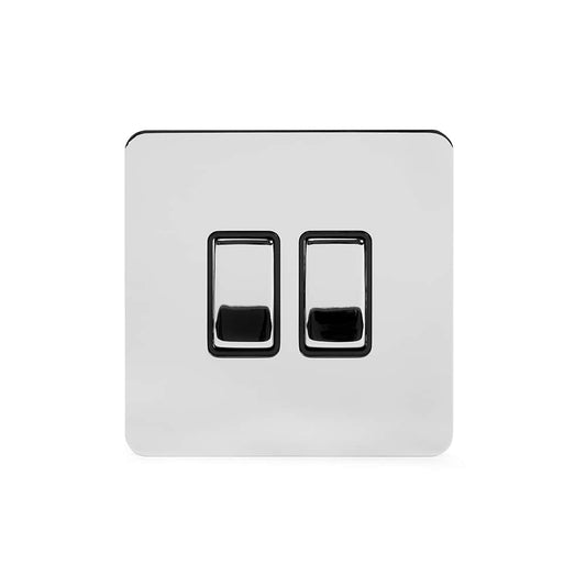 The Finsbury Collection Polished Chrome Flat Plate 2 Gang Intermediate Switch Blk Ins Screwless