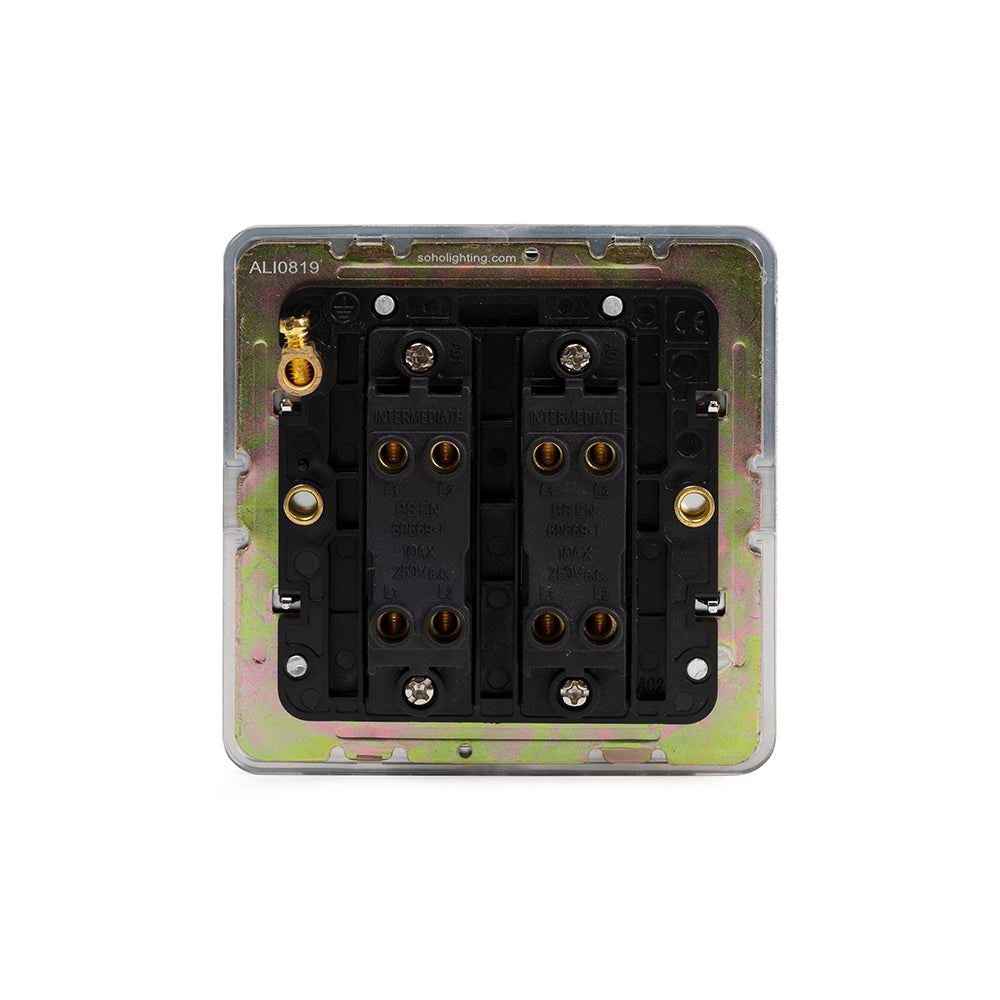 The Finsbury Collection Polished Chrome Flat Plate 2 Gang Intermediate Switch Blk Ins Screwless