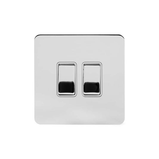 The Finsbury Collection Polished Chrome Flat Plate 2 Gang Intermediate Switch Wht Ins Screwless