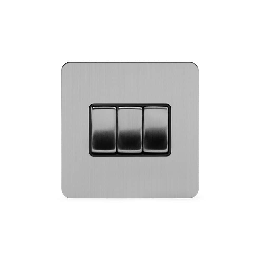 The Lombard Collection Brushed Chrome Flat Plate 3 Gang Intermediate Switch Blk Ins Screwless